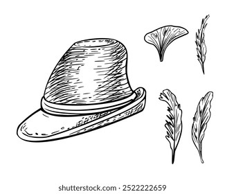 German green hat and feathers black white vector line illustration isolated. Bavarian Oktoberfest hat graphic hand drawn by ink for design beer festival, banner, menu, packaging, poster.