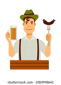 German in green hat with sausage on fork and beer