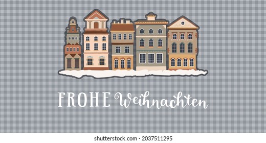 German greeting card template. "Frohe Weihnachten!" written in German, in English means "Merry Christmas!". Christmas holidays vector background.