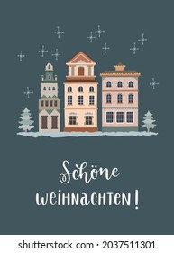 German greeting card template. "Schöne Weihnachten!" written in German, in English means "Merry Christmas!". Christmas holidays vector background.