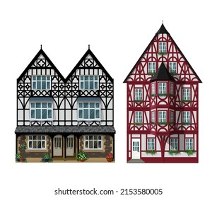 German half-timbered houses. Traditional bavarian architecture. Vector illustration