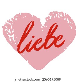 “Love” in German with hand draw hart. Doodle with texture, handwritten. Brush style. Vector, isolated.