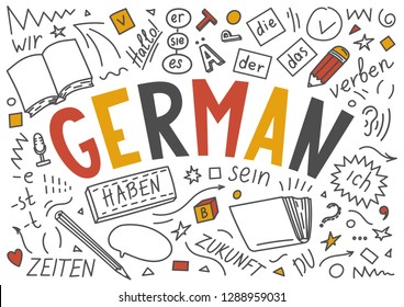 German. Hand drawn doodles and lettering. Der, die, das, er, sie, es, ich, haben, zeiten, sein, zukunft, hallo, verben, du. Translation: the, he, she, it, me, have, times, be, future, hello, verb, you