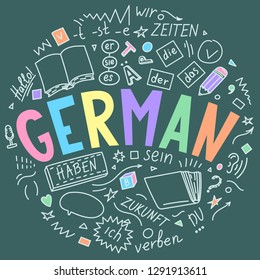 German. Hand drawn doodles and lettering. Der, die, das, er, sie, es, ich, haben, zeiten, sein, zukunft, hallo, verben, du. Translation: the, he, she, it, me, have, times, be, future, hello, verb, you