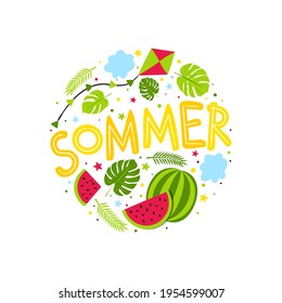 German hand drawn Summer emblem with watermelon, kite and jungle. Round Logo for postcard, poster or banner. Vector illustration in doodle style isolated on white background. Translation: Summer