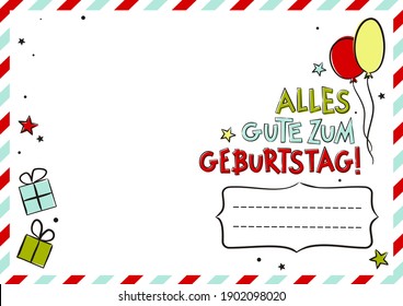 German Happy Birthday postcard with balloons and gift boxes. Cute greeting card. Hand drawn envelope. Vector festive illustration for Germany. Translation: Happy Birthday