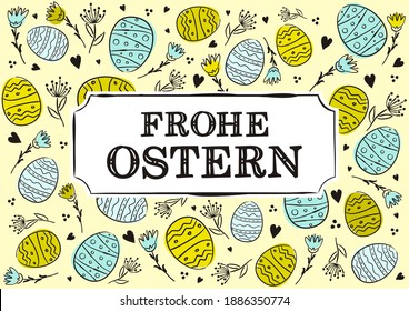 German Happy Easter greeting card. Hand drawn Easter typography with flowers and eggs. Vector illustration for Germany. Translation: Happy Easter