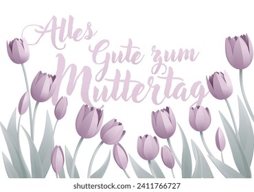 German Happy Mothers Day Alles Gute Zum Muttertag paper craft or paper cut origami style floral tulip flowers design. With lilac tulips background corner frame design elements. 