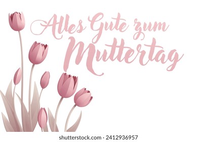 German Happy Mothers Day Alles Gute Zum Muttertag paper craft or paper cut origami style floral tulip flowers design. With pink tulips background corner frame design elements. 