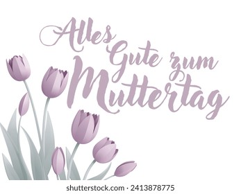 German Happy Mothers Day Alles Gute Zum Muttertag paper craft or paper cut origami style floral tulip flowers design. With lilac tulips background corner frame design elements. 