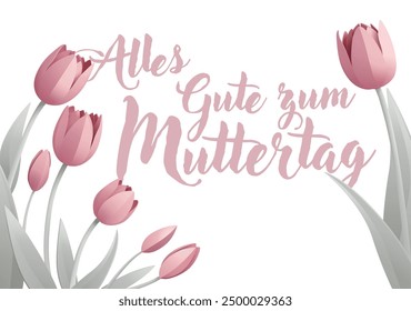 German Happy Mothers Day Alles Gute Zum Muttertag paper craft or paper cut origami style floral tulip flowers design. With pink tulips background corner frame design elements. 