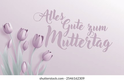 Alemão Feliz Dia das Mães Alles Gute Zum Muttertag artesanato papel ou papel corte origami estilo floral tulipa flores design. Com tulipas lilás fundo canto quadro elementos de design. 