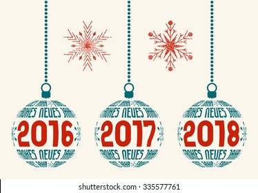 German Happy New Year graphic design elements for years 2016, 2017, 2018. Isolated Christmas balls with Germany text Frohes Neues Jahr and years with two grunge snowflakes.