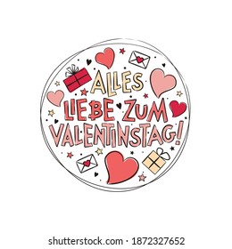 German Happy Valentine's Day logo with hearts and gift boxes. Hand drawn isolated emblem for greeting cards, banner, stickers. Vector love illustration for Germany. Translation: Happy Valentine's Day