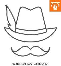 German hat with feather line icon, outline style icon for web site or mobile app, oktoberfest and clothing, hat and moustache vector icon, simple vector illustration, vector graphics.