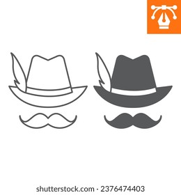 German hat with feather line and solid icon, outline style icon for web site or mobile app, oktoberfest and clothing, hat and moustache vector icon, simple vector illustration, vector graphics.