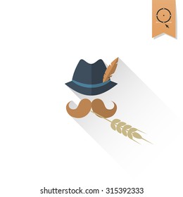 German Hat with Feather, Moustache and Wheat. Oktoberfest Beer Festival. Long Shadow. Flat design style. Vector