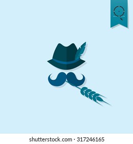 German Hat with Feather, Moustache and Wheat. Oktoberfest Beer Festival. Flat design style. Vector