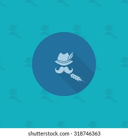 German Hat with Feather, Mustache and Wheat. Oktoberfest Beer Festival. Long Shadow. Flat design style. Vector