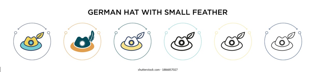 German hat with small feather icon in filled, thin line, outline and stroke style. Vector illustration of two colored and black german hat with small feather vector icons designs can be used for 