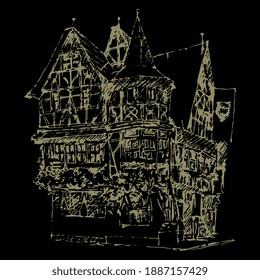 German historical half timbered house. Hand drawn linear architectural sketch. Monochrome silhouette on black background. Isolated vector illustration.