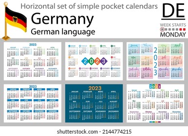 German horizontal pocket calendar for 2023 (two thousand twenty three). Week starts Monday. New year. Color simple design. Vector