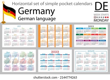 German horizontal pocket calendar for 2023 (two thousand twenty three). Week starts Monday. New year. Color simple design. Vector