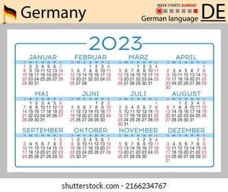 German horizontal pocket calendar for 2023 (two thousand twenty three). Week starts Sunday. New year. Color simple design. Vector