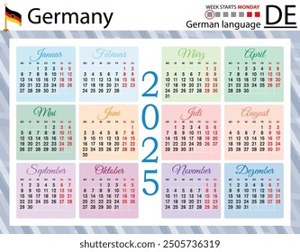 German horizontal pocket calendar for 2025 (two thousand twenty five). Week starts Monday. New year. Color simple design. Vector