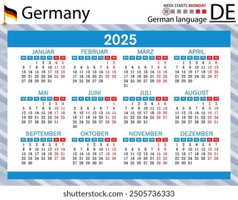 German horizontal pocket calendar for 2025 (two thousand twenty five). Week starts Monday. New year. Color simple design. Vector