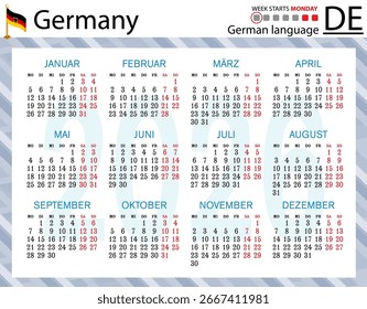 German horizontal Pocket calendars for 2026 (Two thousand twenty six). Week starts Monday. New year. Color simple design. Vector