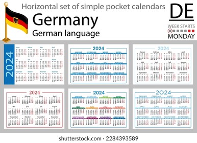 German horizontal set of pocket calendar for 2024 (two thousand twenty four). Week starts Monday. New year. Color simple design. Vector