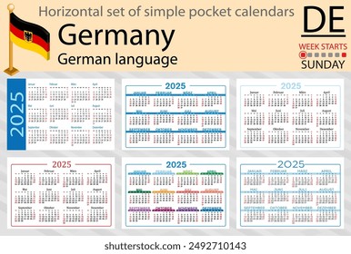 Conjunto Horizontal alemán de calendario de bolsillo para 2025 (dos mil veinticinco). La semana empieza el domingo. Nuevo año. Diseño de color simple. Vector