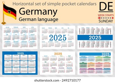 Conjunto Horizontal alemán de calendario de bolsillo para 2025 (dos mil veinticinco). La semana empieza el domingo. Nuevo año. Diseño de color simple. Vector