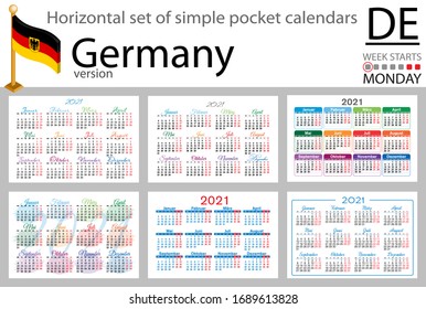 German horizontal set of pocket calendars for 2021 (two thousand twenty one). Week starts Monday. New year. Color simple design. Vector