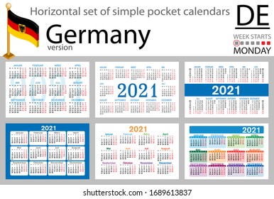 German horizontal set of pocket calendars for 2021 (two thousand twenty one). Week starts Monday. New year. Color simple design. Vector