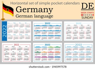 German horizontal set of pocket calendars for 2022 (two thousand twenty two). Week starts Sunday. New year. Color simple design. Vector