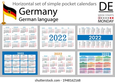 German horizontal set of pocket calendars for 2022 (two thousand twenty two). Week starts Monday. New year. Color simple design. Vector