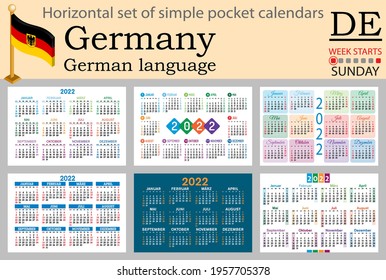 German horizontal set of pocket calendars for 2022 (two thousand twenty two). Week starts Sunday. New year. Color simple design. Vector