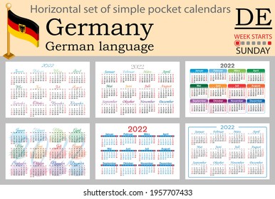 German horizontal set of pocket calendars for 2022 (two thousand twenty two). Week starts Sunday. New year. Color simple design. Vector