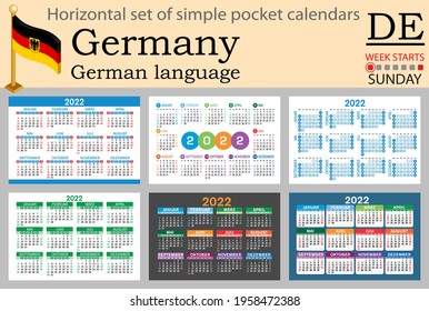 German horizontal set of pocket calendars for 2022 (two thousand twenty two). Week starts Sunday. New year. Color simple design. Vector