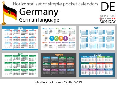 German horizontal set of pocket calendars for 2022 (two thousand twenty two). Week starts Monday. New year. Color simple design. Vector