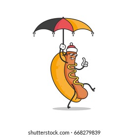 German Hot Dog character illustration with umbrella (winter )