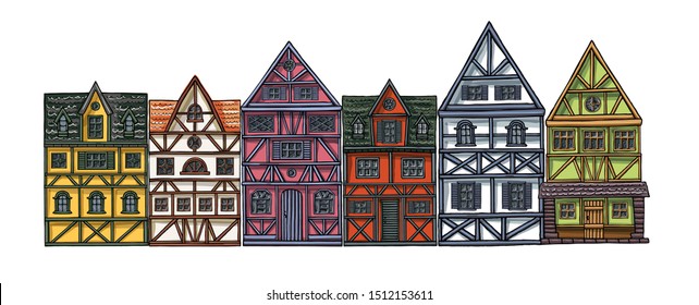 German houses cartoon collection urban landscape front view of European city street colorful building facades. Hand drawn vector illustration sketch style.