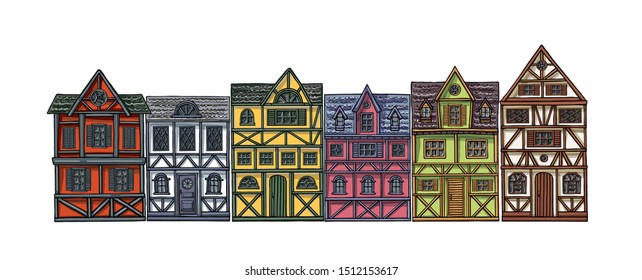 German houses cartoon collection urban landscape front view of European city street colorful building facades. Hand drawn vector illustration sketch style.