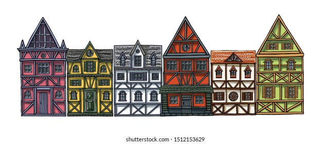 German houses cartoon collection urban landscape front view of European city street colorful building facades. Hand drawn vector illustration sketch style.