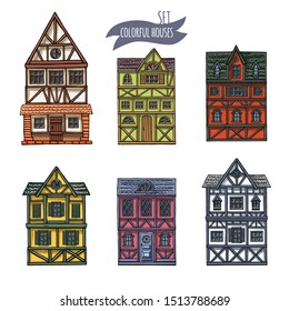 German houses cartoon collection urban landscape front view of European city street colorful building facades. Hand drawn vector illustration sketch style.