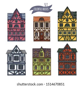 German houses cartoon collection urban landscape front view of European city street colorful building facades. Hand drawn vector illustration sketch style.