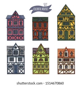 German houses cartoon collection urban landscape front view of European city street colorful building facades. Hand drawn vector illustration sketch style.