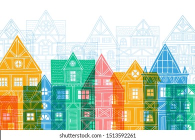 German houses cartoon cover urban landscape white background. Front view of European city street colorful building facades silhouette. Hand drawn vector illustration sketch style.